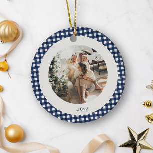 Cute Navy Plaid Custom Photo Christmas Holiday Ceramic Tree Decoration