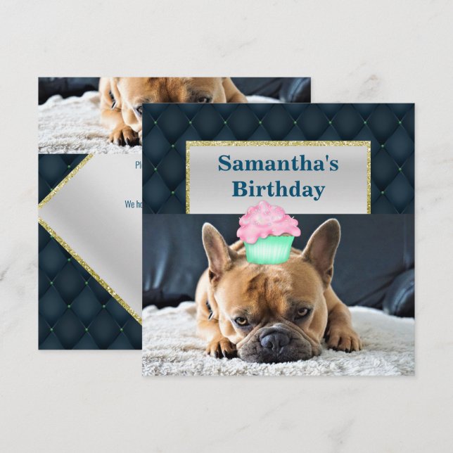 CUTE NAVY QUILT BULLDOG BIRTHDAY PARTY INVITATION (Front/Back)
