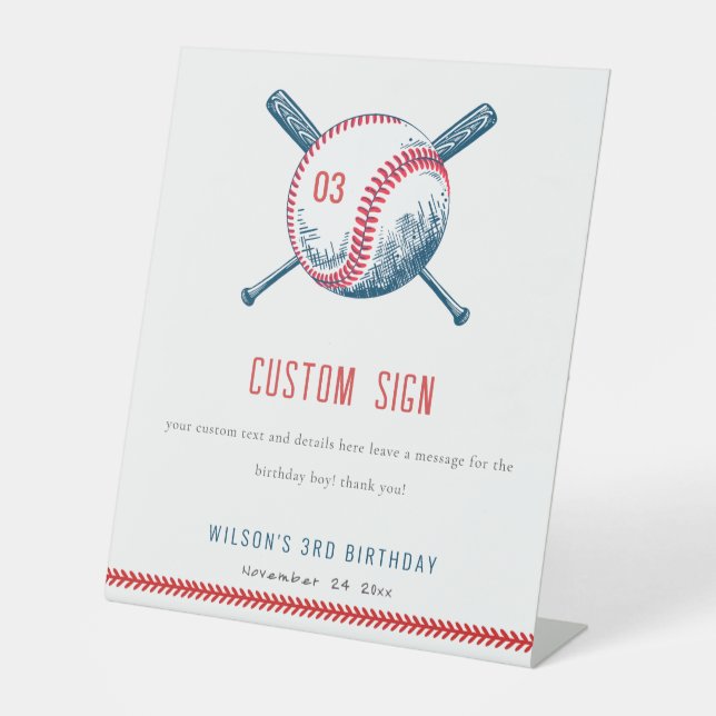 Cute Navy Red Baseball Bat Birthday Custom Party Pedestal Sign (Front)