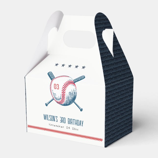 Cute Navy Red Baseball Bat Star Kids Birthday Favour Box (Front Side)