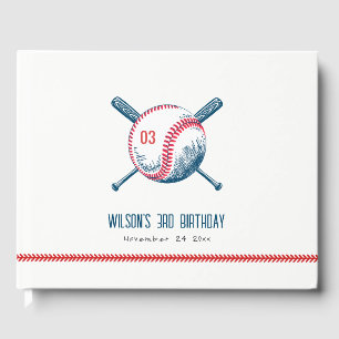 Cute Navy Red Baseball Bat Star Kids Birthday Guest Book