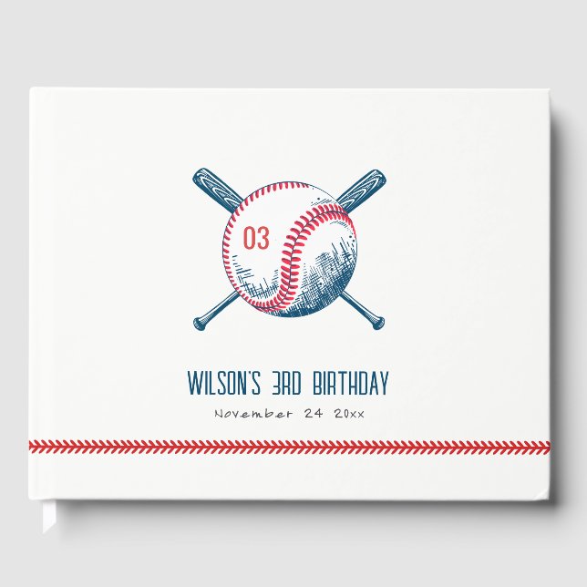 Cute Navy Red Baseball Bat Star Kids Birthday Guest Book (Front)