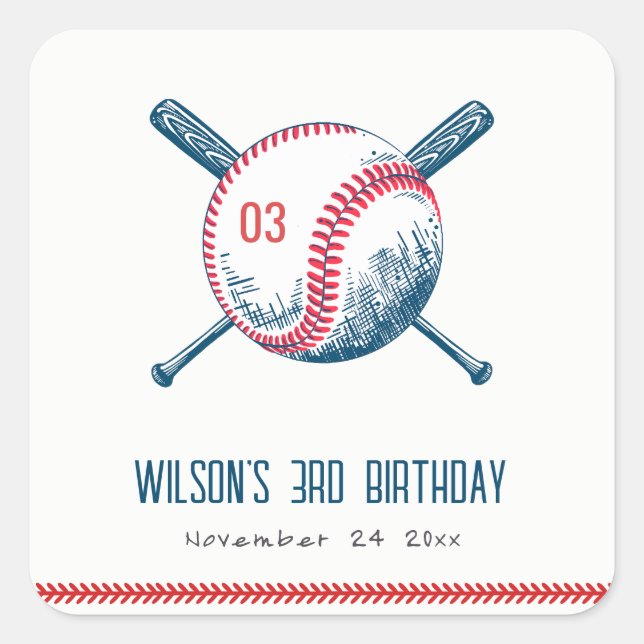 Cute Navy Red Baseball Bat Star Kids Birthday Square Sticker (Front)
