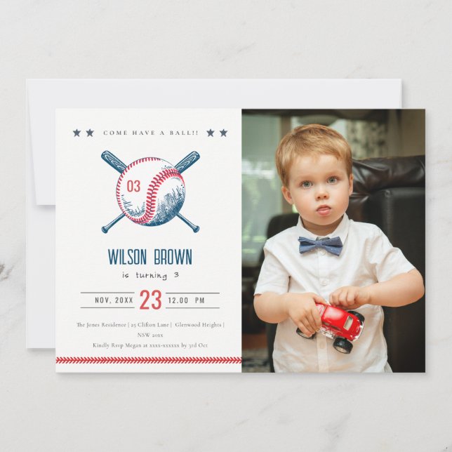 Cute Navy Red Baseball Kids Photo Birthday Invitation (Front)