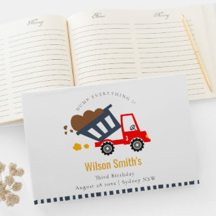 Cute Navy Red Dump Truck Kids Any Age Birthday Guest Book