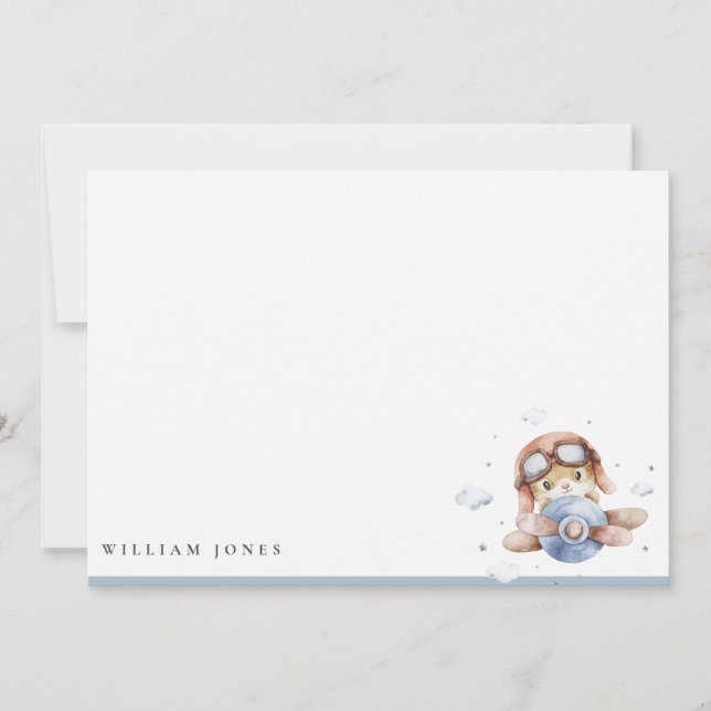 Cute Navy Rust Plane Teddy Sky Stars Kids Birthday Card (Front)