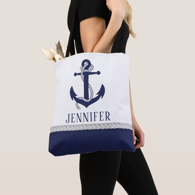 Cute Navy White Nautical Rope Anchor Monogram Tote Bag (Close Up)