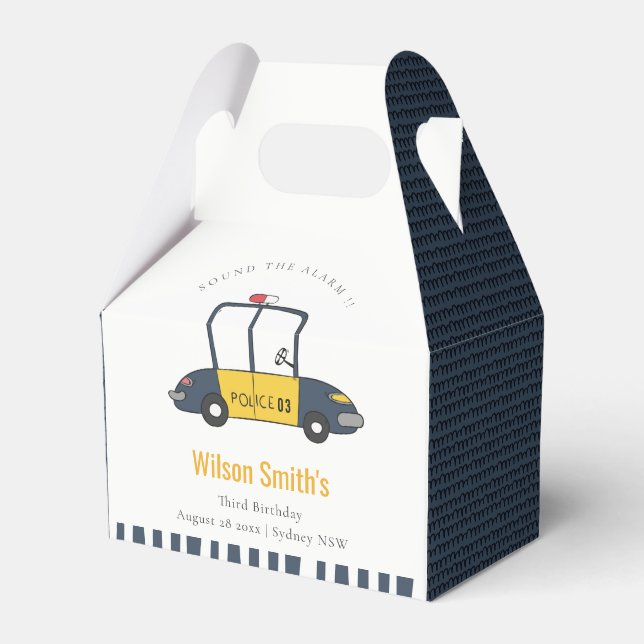 Cute Navy Yellow Police Car Kids Any Age Birthday Favour Box (Front Side)