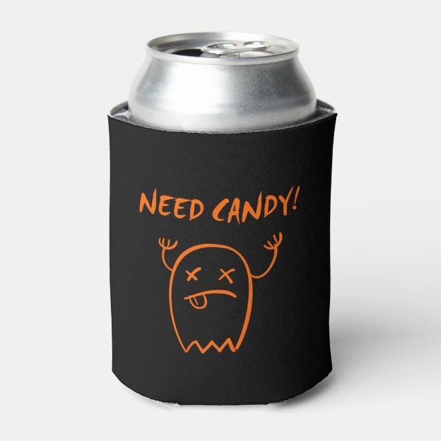 Cute Need Candy Halloween Ghost Dark Monotone Can Cooler (Can Front)