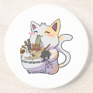 Cute Neko Cat With Ramen Noodles Bowl Anime Japan  Coaster