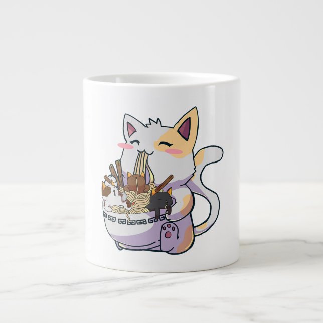 Cute Neko Cat With Ramen Noodles Bowl Anime Japan  Large Coffee Mug (Front)