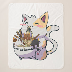 Cute Neko Cat With Ramen Noodles Bowl Anime Japan Sherpa Blanket