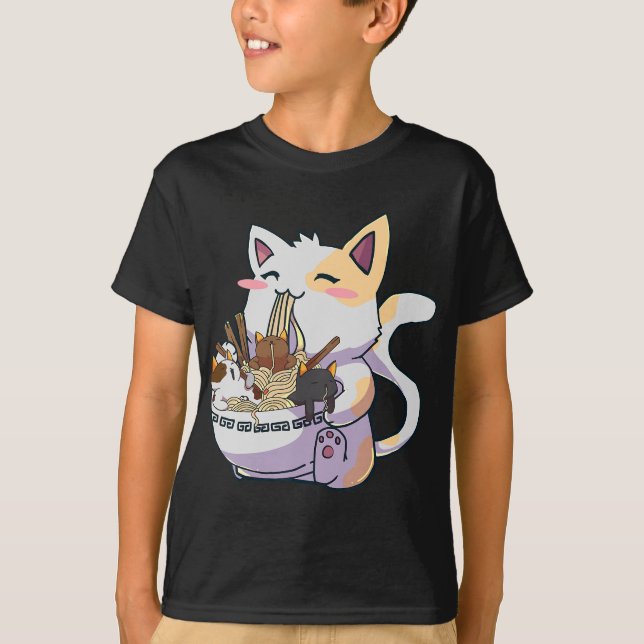 Cute Neko Cat With Ramen Noodles Bowl Anime Japan  T-Shirt (Front)