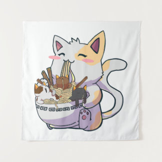 Cute Neko Cat With Ramen Noodles Bowl Anime Japan  Tapestry