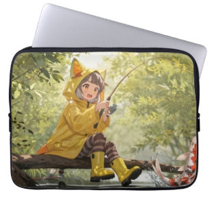 Cute Neko Girl In Yellow Raincoat Fishing Cartoon Laptop Sleeve
