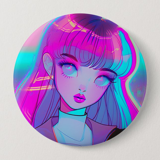 Cute Neon Anime Girl Button (Front)