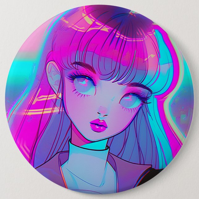 Cute Neon Anime Girl Button (Front)