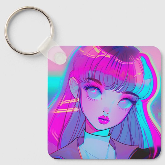 Cute Neon Anime Girl Keychain (Front)