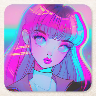 Cute Neon Anime Girl Square Paper Coaster