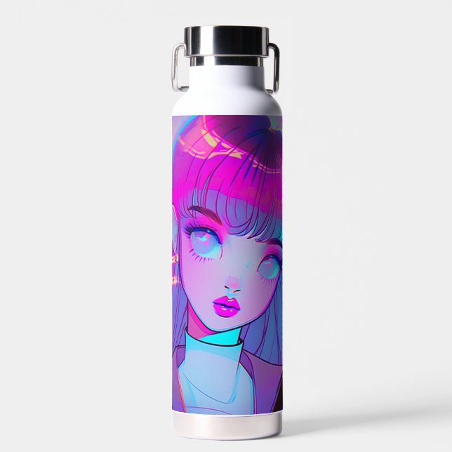 Cute Neon Anime Girl Water Bottle (Front)