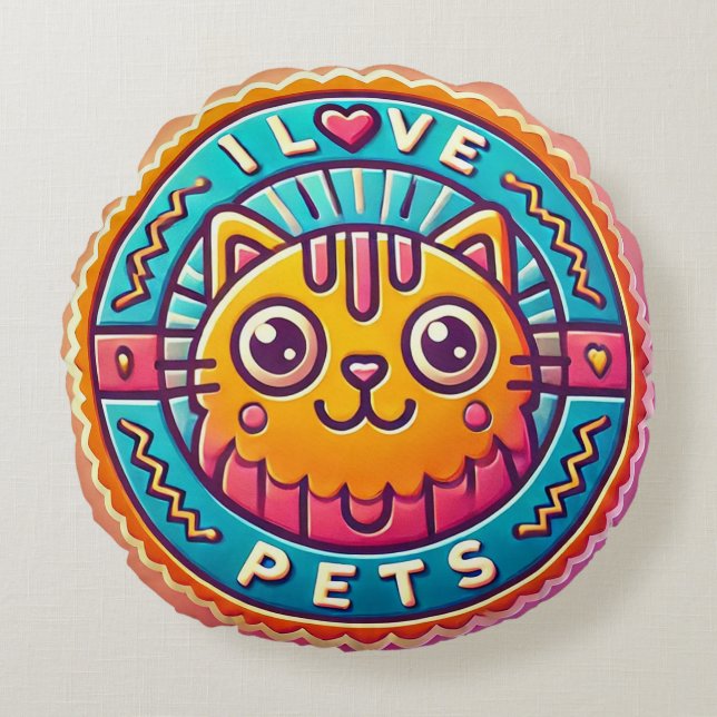 Cute Neon Cat Badge Round Cushion (Front)
