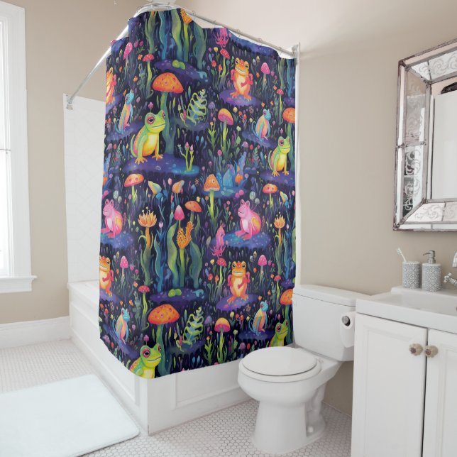 Cute neon frogs pattern shower curtain (In Situ)