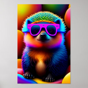 cute neon glasses hedgehog animal sunglasses funny poster