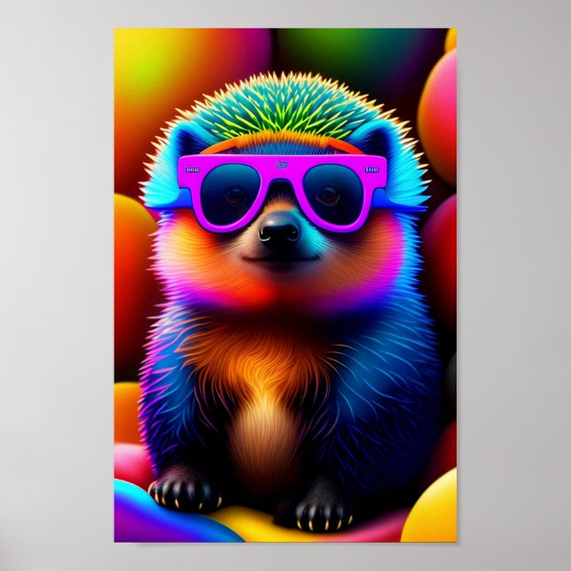 cute neon glasses hedgehog animal sunglasses funny poster (Front)