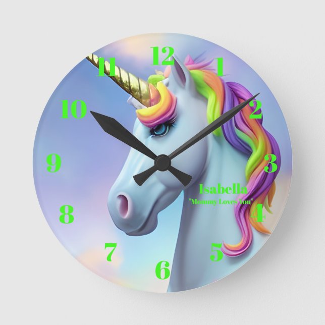 Cute Neon Green Pink Unicorn Personalised Message Round Clock (Front)