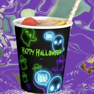 Cute Neon Green Purple Ghosts Happy Halloween Paper Cups