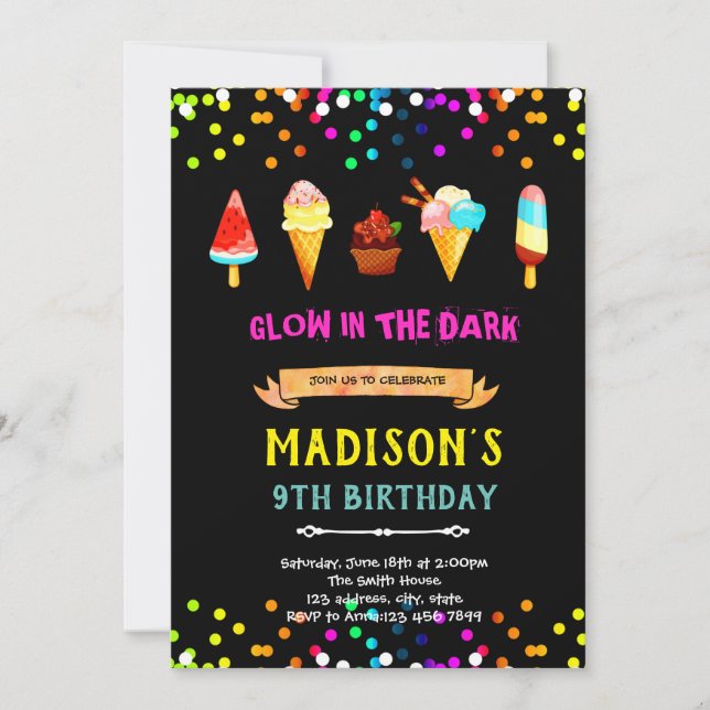 Cute neon ice cream birthday invitation (Front)