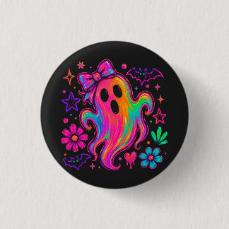 Cute Neon Rainbow Halloween Ghost With Bow 3 Cm Round Badge
