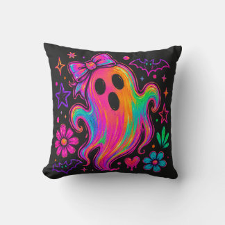 Cute Neon Rainbow Halloween Ghost With Bow Cushion