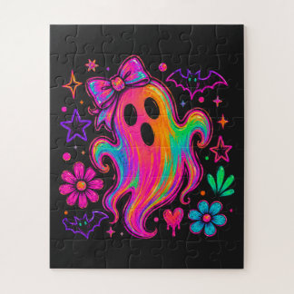 Cute Neon Rainbow Halloween Ghost With Bow Jigsaw Puzzle
