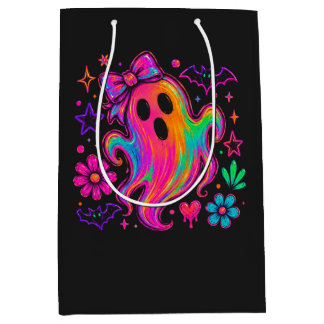 Cute Neon Rainbow Halloween Ghost With Bow Medium Gift Bag