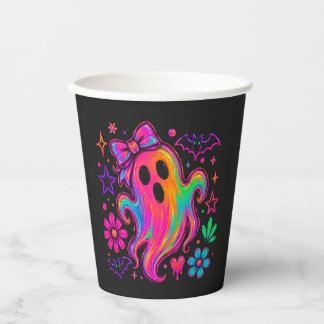 Cute Neon Rainbow Halloween Ghost With Bow Paper Cups