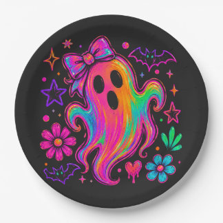 Cute Neon Rainbow Halloween Ghost With Bow Paper Plate