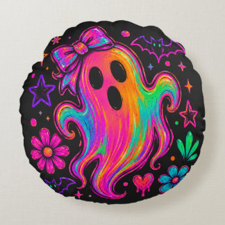 Cute Neon Rainbow Halloween Ghost With Bow Round Cushion