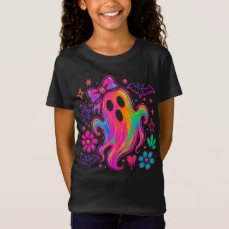 Cute Neon Rainbow Halloween Ghost With Bow T-Shirt