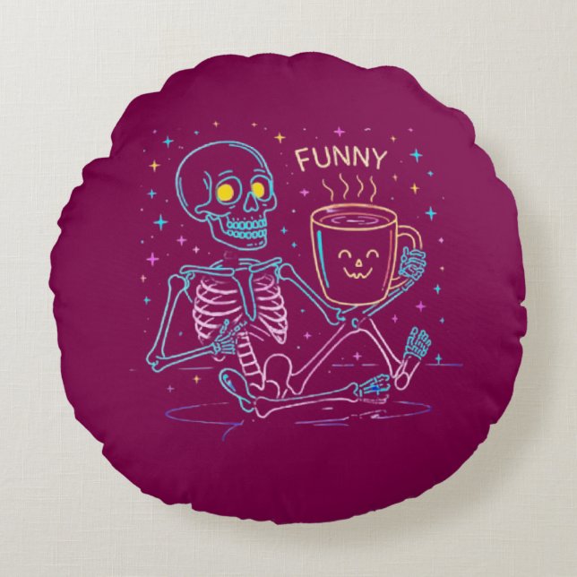 Cute Neon Skeleton Drinking Coffee – Funny Pastel  Round Cushion (Front)
