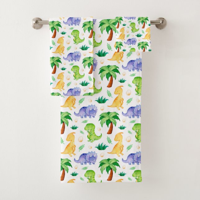 Cute Neon Watercolor Dinosaur Pattern Bath Towel Set (Insitu)