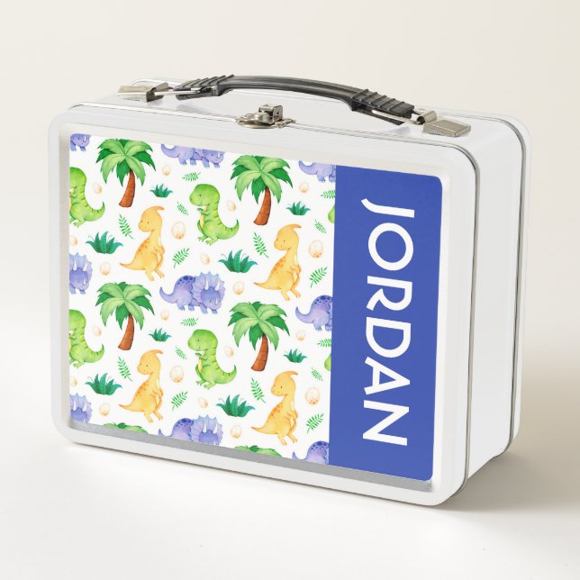 Cute Neon Watercolor Dinosaur Pattern Metal Lunch Box (Front)