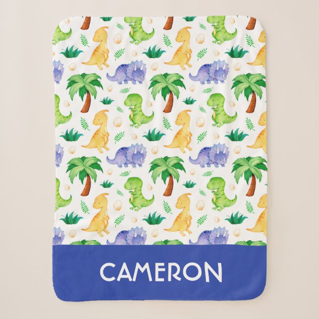 Cute Neon Watercolor Dinosaur Pattern Sherpa Blanket (Front)