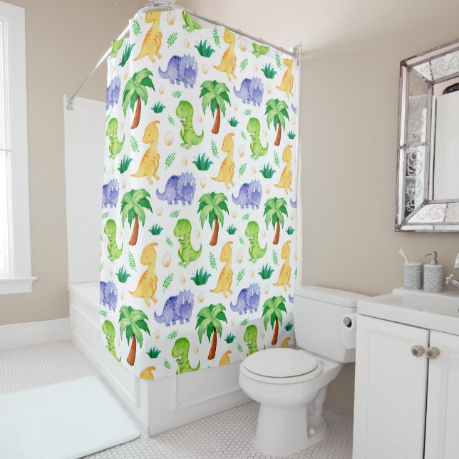 Cute Neon Watercolor Dinosaur Pattern Shower Curtain (In Situ)