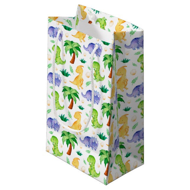 Cute Neon Watercolor Dinosaur Pattern Small Gift Bag (Front Angled)
