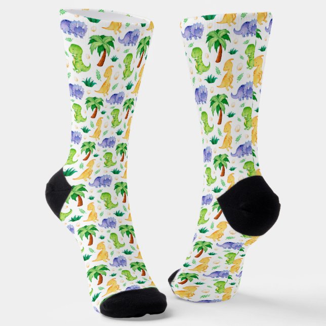 Cute Neon Watercolor Dinosaur Pattern Socks (Angled)
