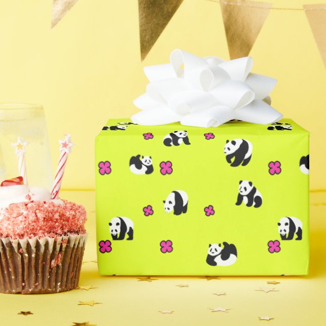 Cute neon yellow panda wrapping paper (Birthday Party)