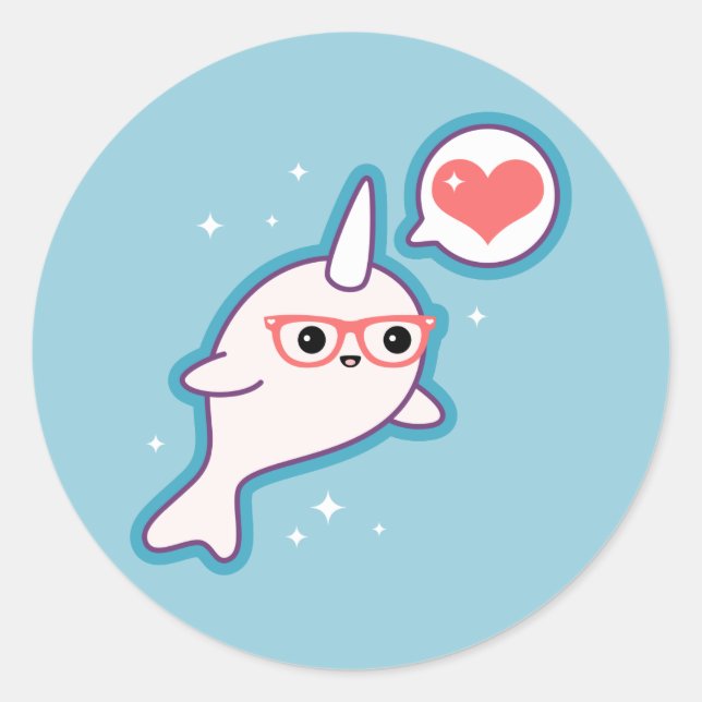 Cute Nerd Narwhal Classic Round Sticker (Front)