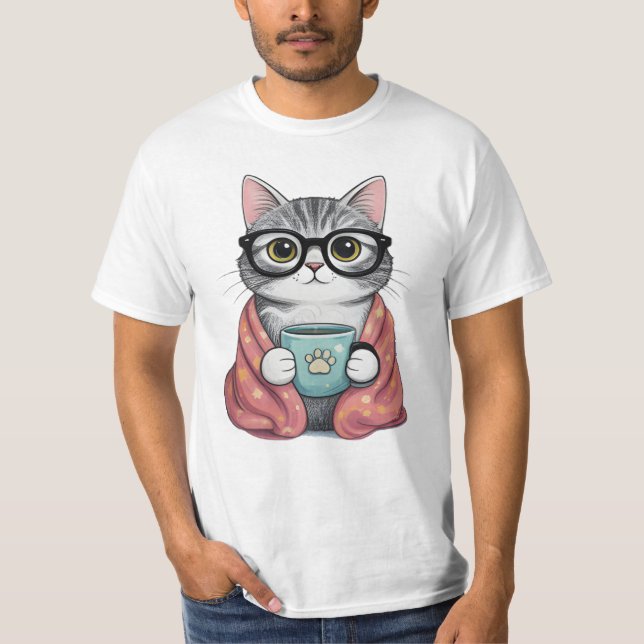 Cute Nerdy Cat Drinking Coffee T-Shirt (Front)