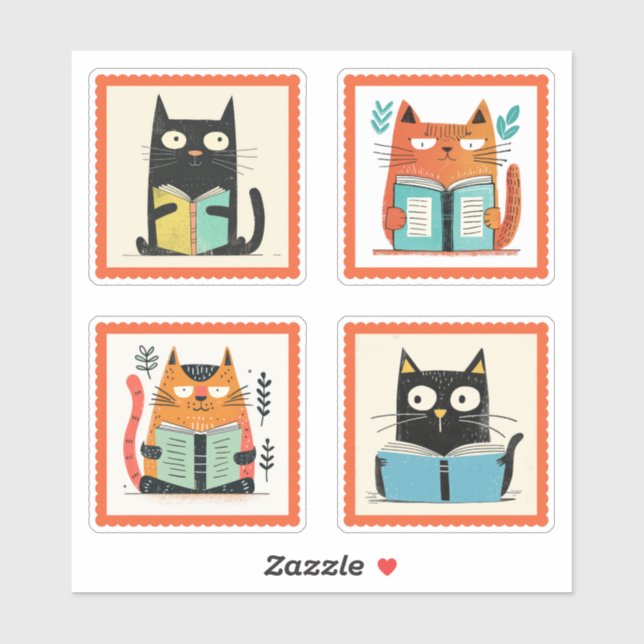 Cute Nerdy Cats Reading Books Whimsical Stamp Pack (Sheet)
